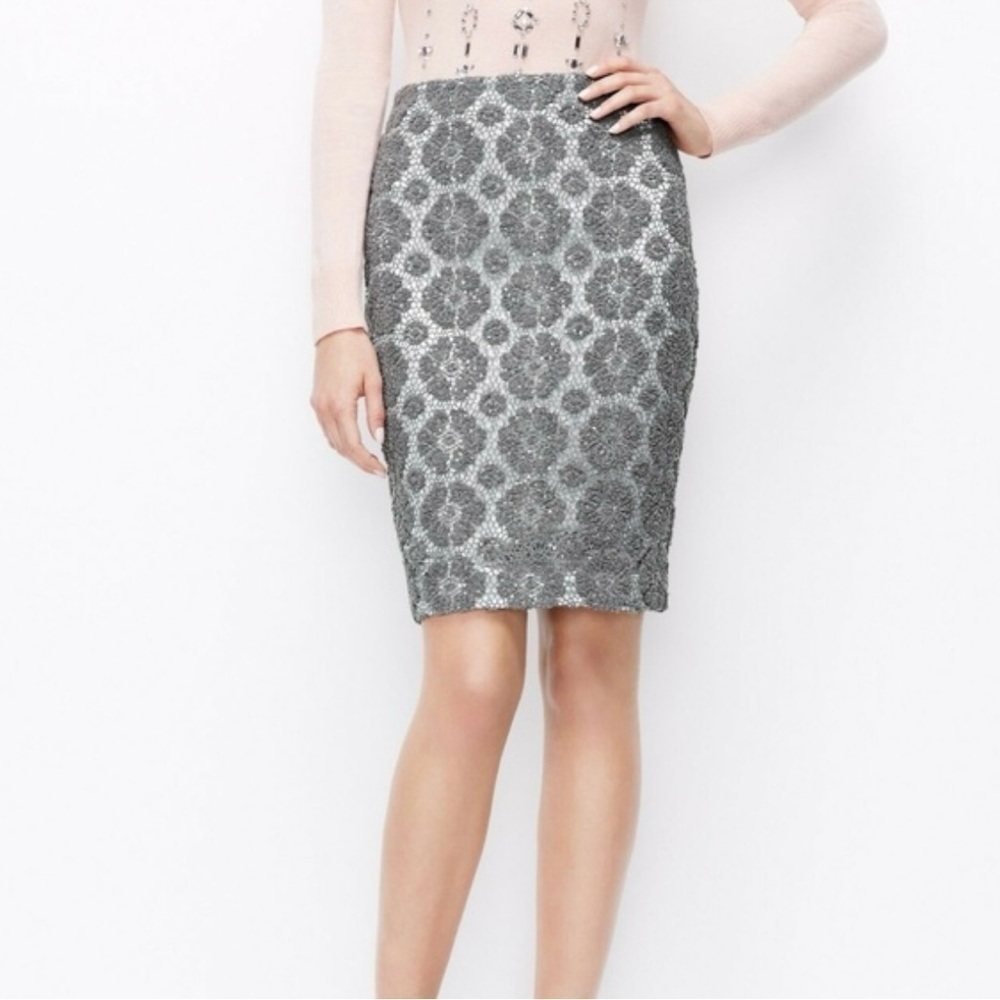 ANN TAYLOR SEQUIN LACE METALLIC SILVER TAILORED PENCIL SKIRT Size:4